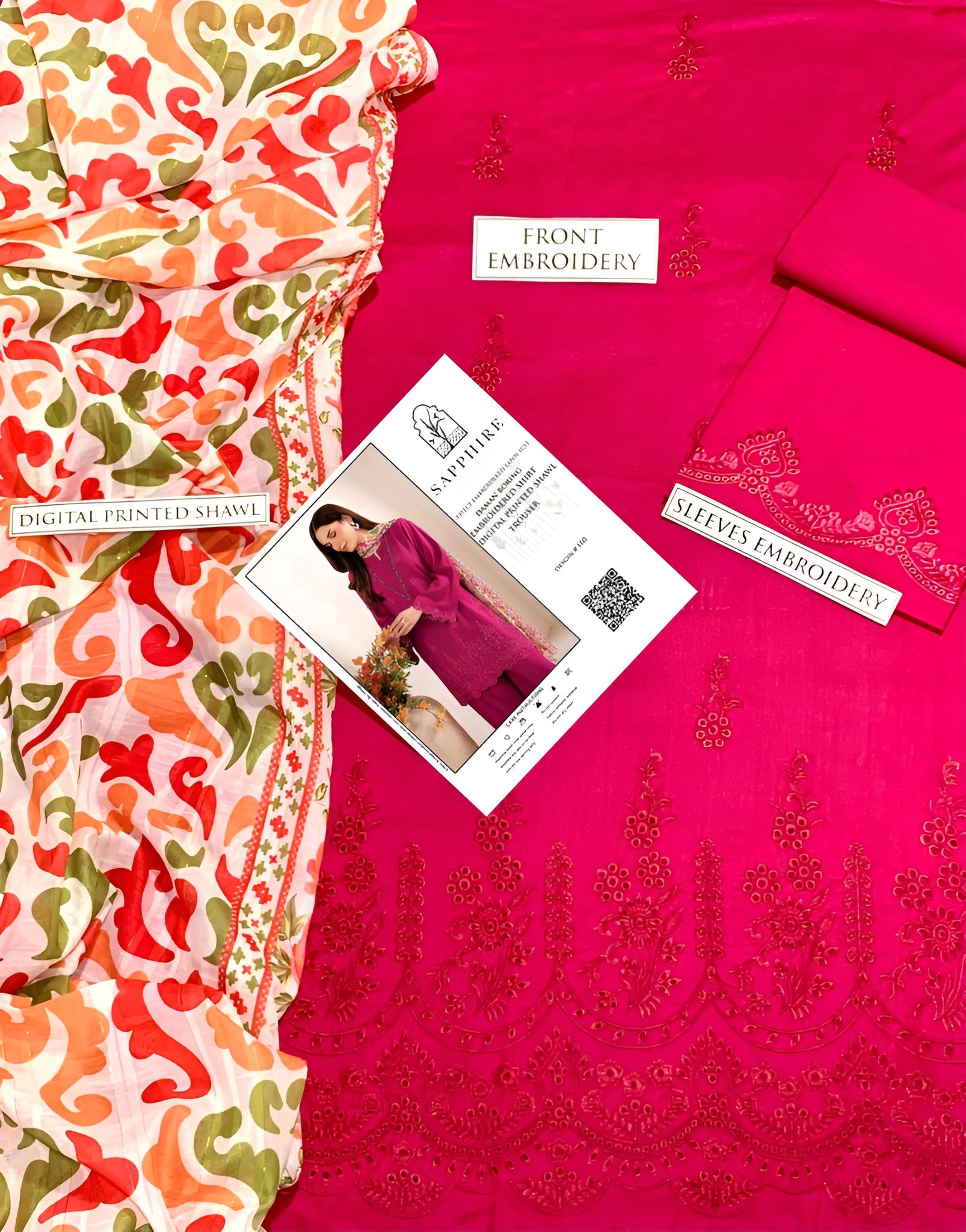 Sapphire Deep Raspberry Pink 3PC Embroidered Lawn Suit – Digital Printed Dupatta | Summer 2025