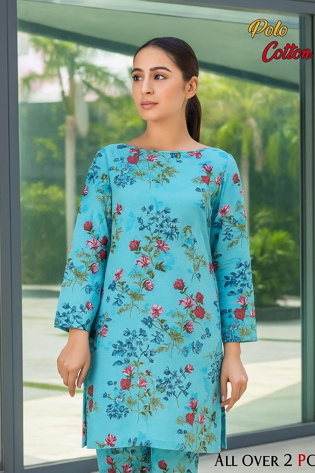 Women's Floral Polo Cotton 2-Piece Unstitched Suit – Pink & Black | Mid-Season Collection