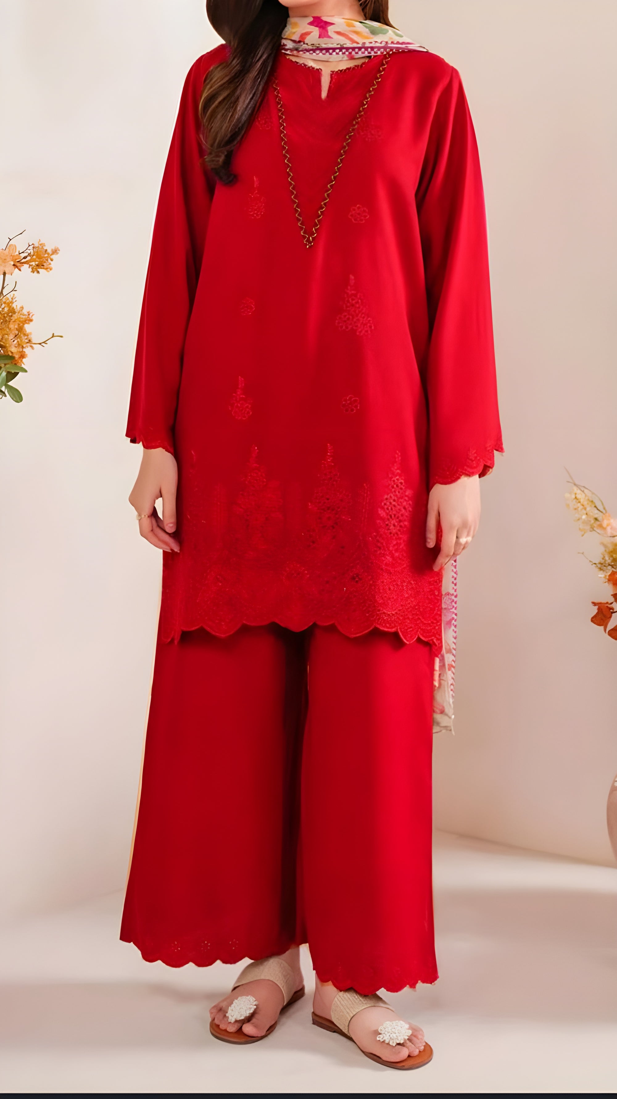 Cherry Red 3-Piece Embroidered Suit – Lawn Fabric | Summer Collection 2025 | Unstitched Pakistani Ladies Dress