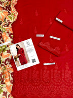 Cherry Red 3-Piece Embroidered Suit – Lawn Fabric | Summer Collection 2025 | Unstitched Pakistani Ladies Dress