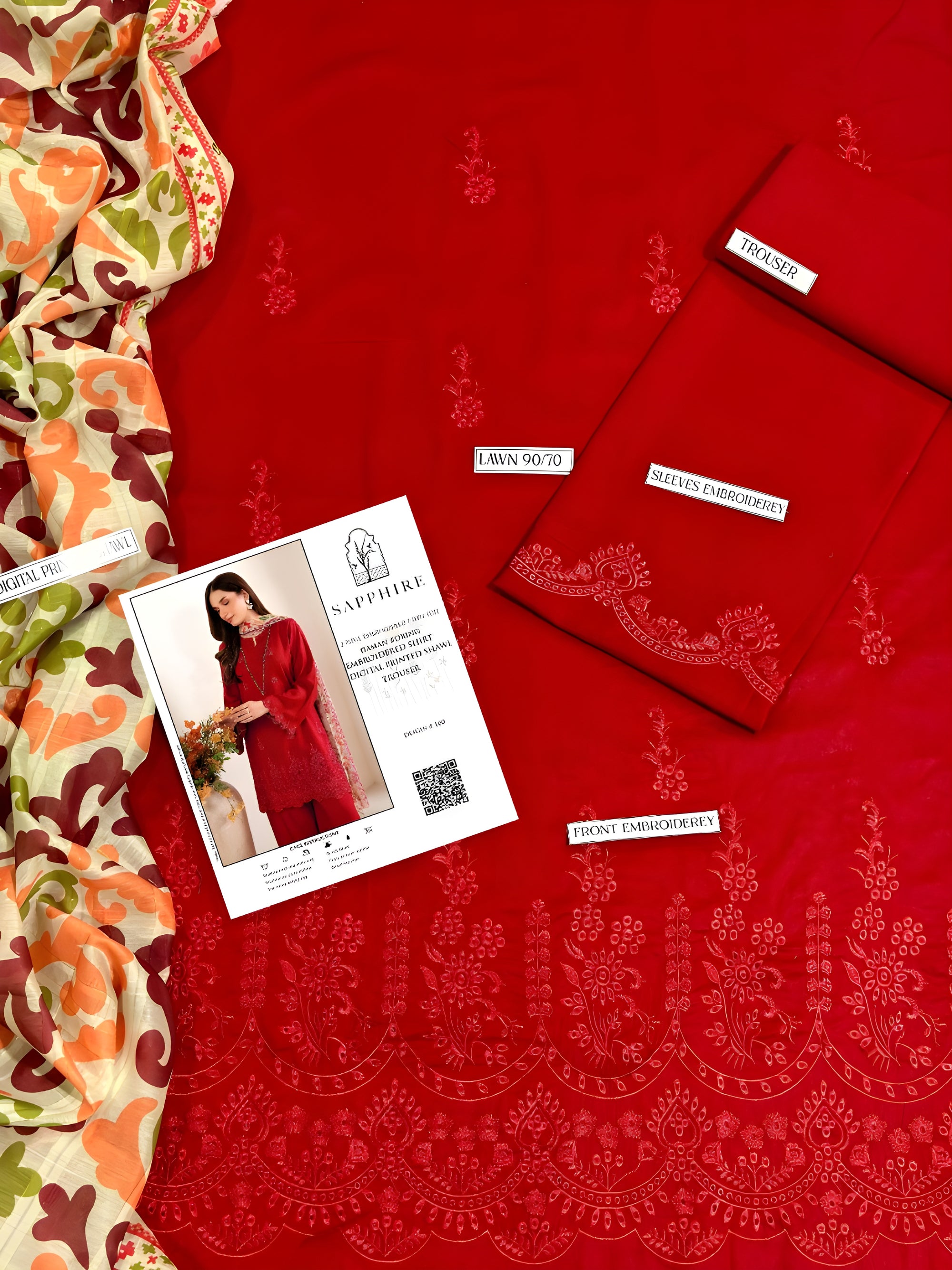 Cherry Red 3-Piece Embroidered Suit – Lawn Fabric | Summer Collection 2025 | Unstitched Pakistani Ladies Dress