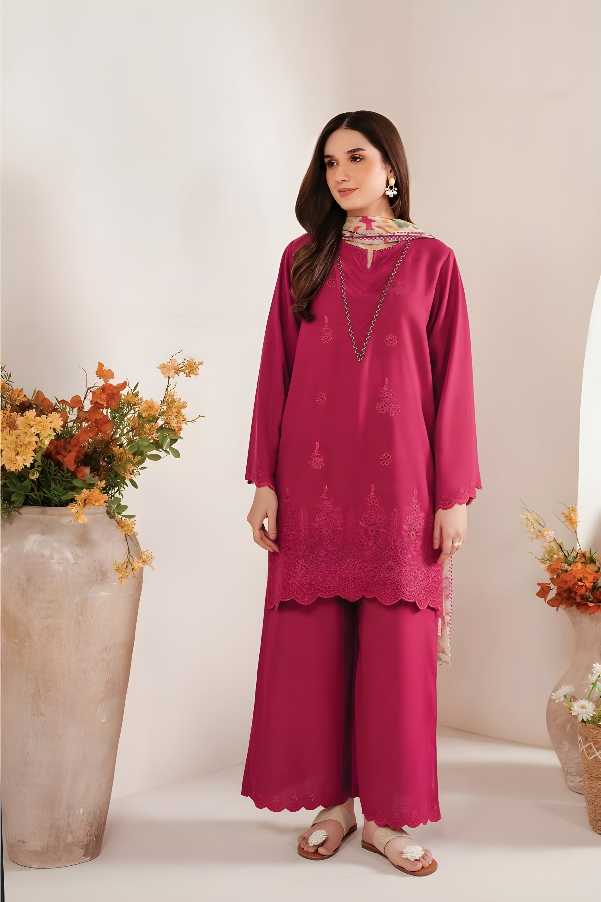 Sapphire Deep Raspberry Pink 3PC Embroidered Lawn Suit – Digital Printed Dupatta | Summer 2025
