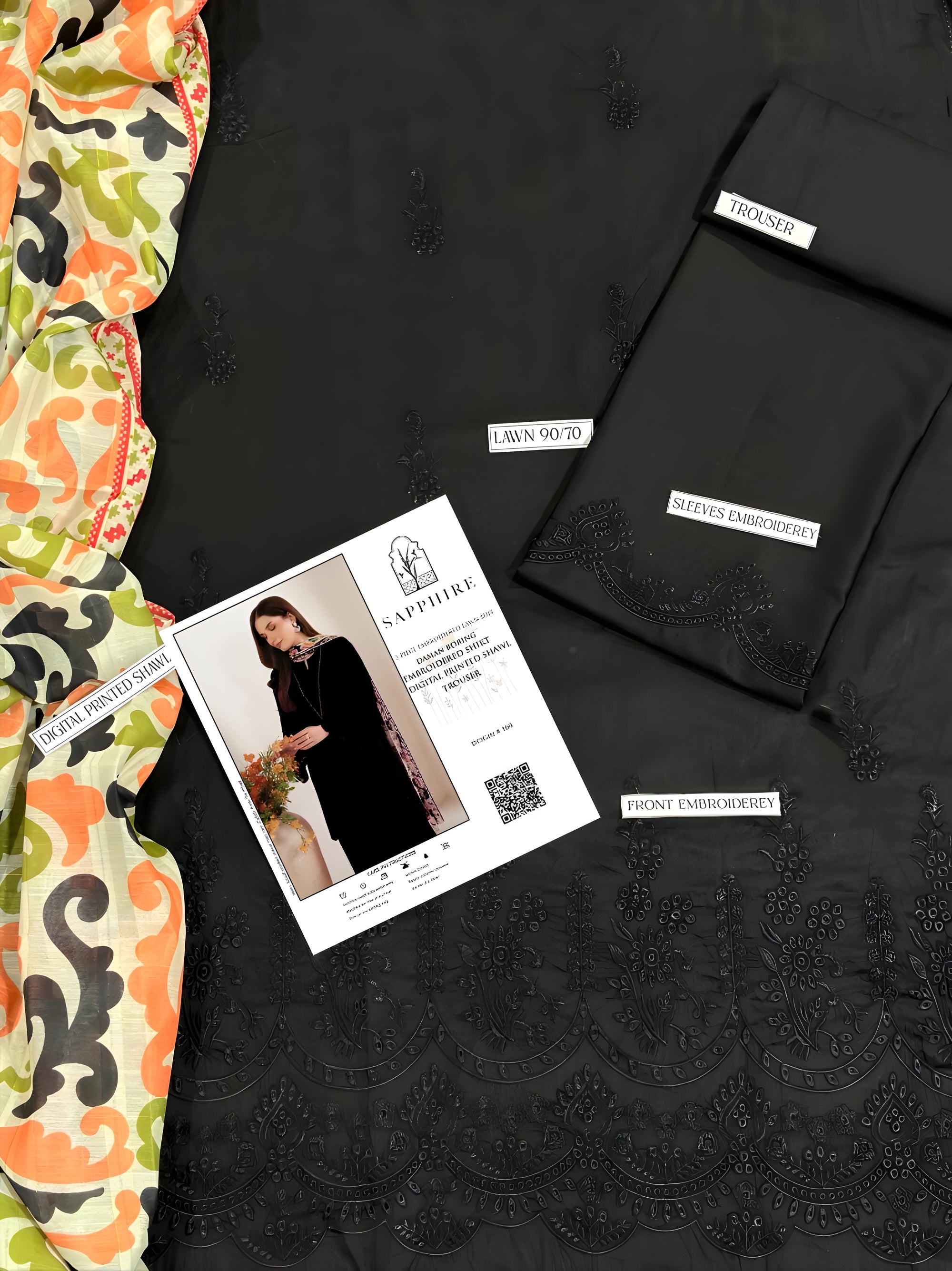 Sapphire 3PC Black Embroidered Lawn Suit – Digital Shawl | Elegant Summer Wear