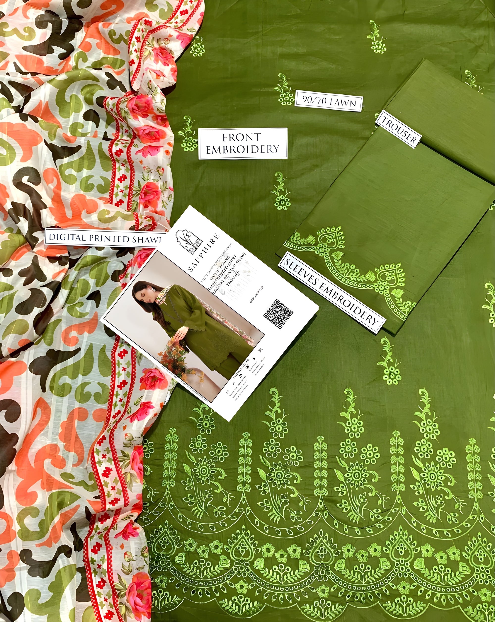 Sapphire Green 3PC Embroidered Lawn Suit – Digital Printed Dupatta | Summer 2025 Collection